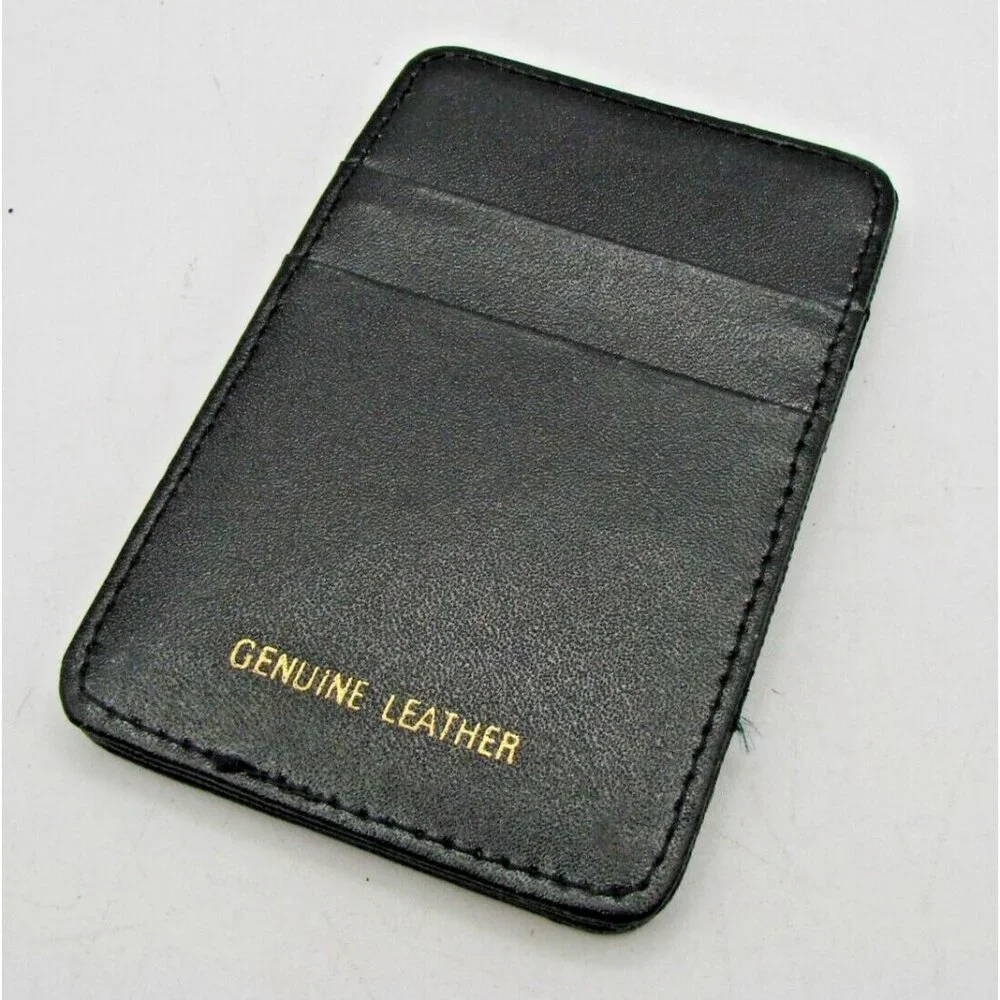 Genuine Leather Card Holder Pocket Thin Slim Wallet Straps Blk Pockets 4x2.5x.5